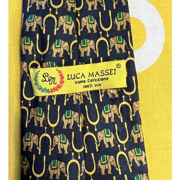Vintage Luca Massei Blue and Gold Elephant Print Silk Tie - Picture 3 of 6